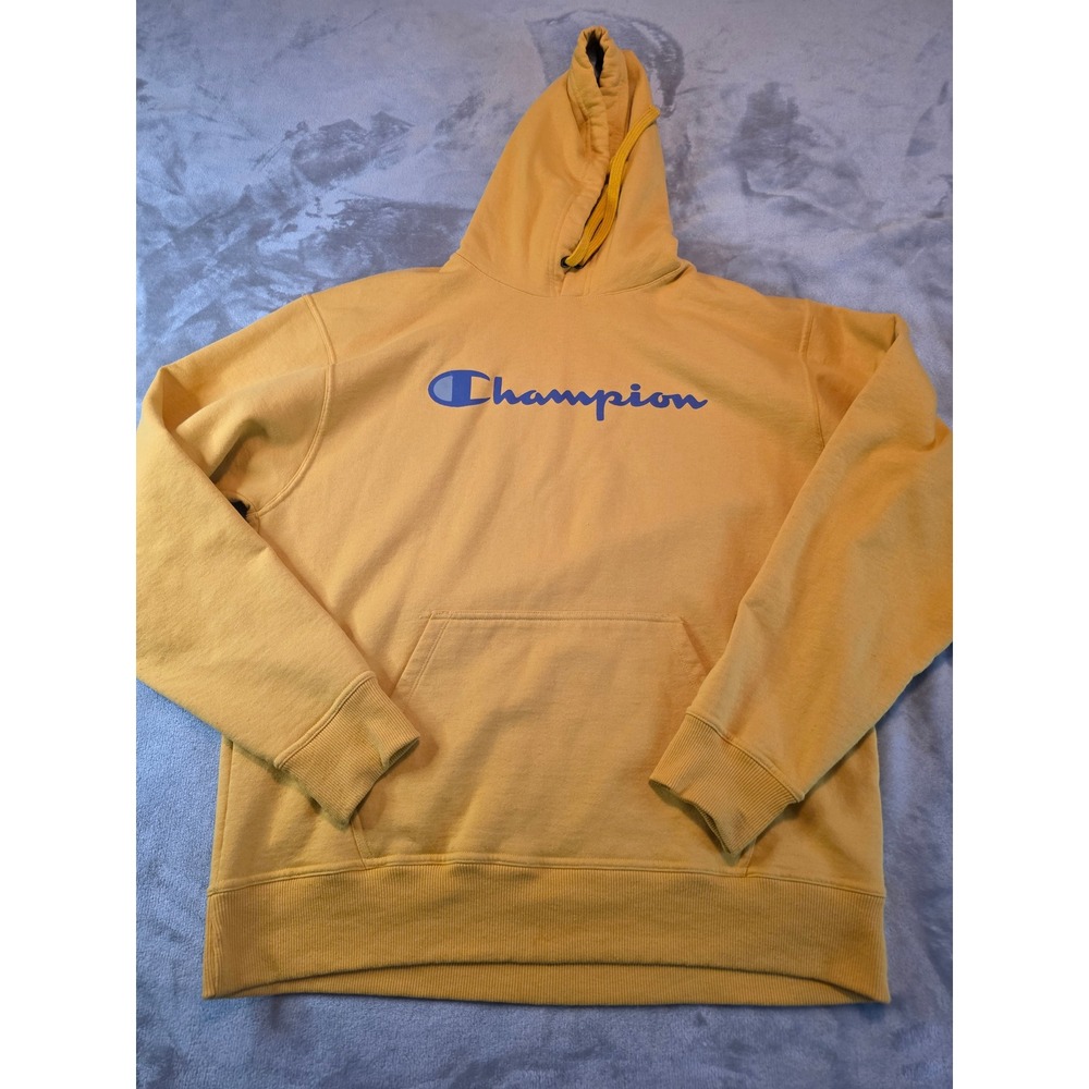 Champion Hoodie Mens Large Yellow Script Logo Pullover Sweatshirt